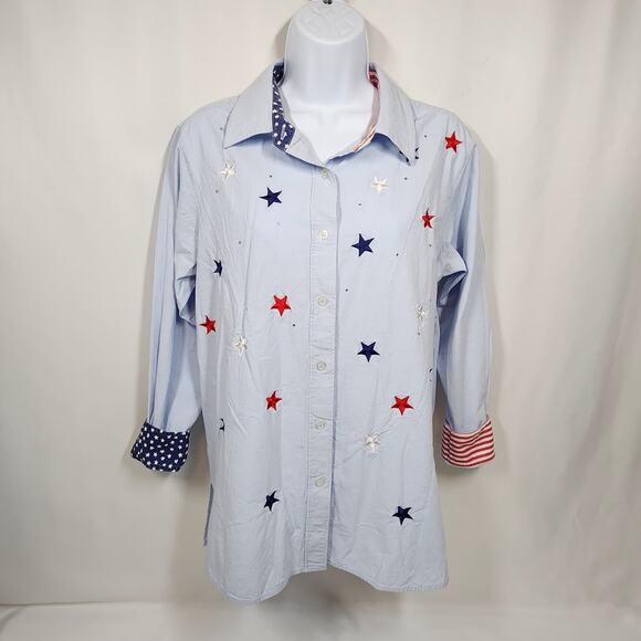The Quacker Factory Red White & Blue Women's Button-Up Embroidered Stars Small - Picture 2 of 9